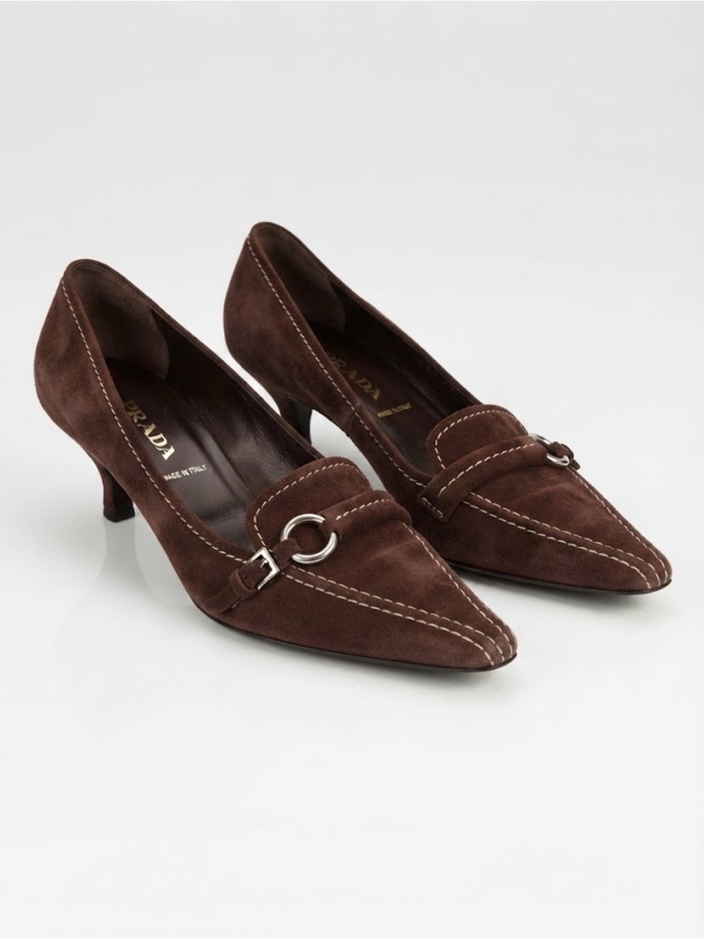 Prada Brown Suede Pointed Toe Kitten Heel Loafers Pumps Size 38 / US 8
